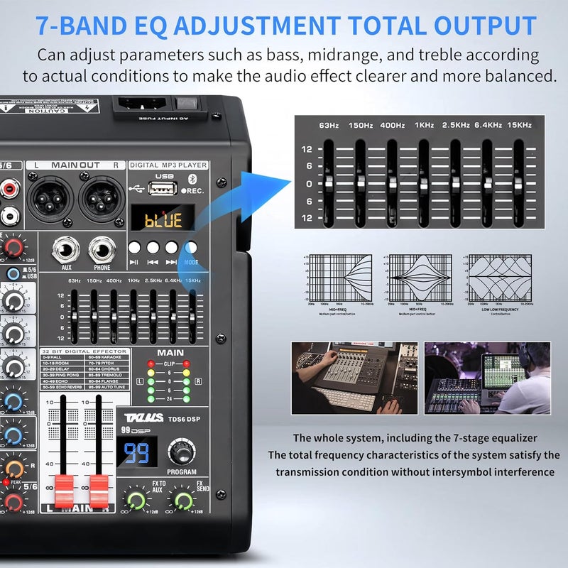 TKLBLS Audio Mixer, 6-Channel Professional DJ Mixer with 99-Bit DSP Effects, 7-Band EQ, 48V Phantom Power, MP3/Computer Input - Studio Audio Mixing Console for Recording & Live Performances - Image 4
